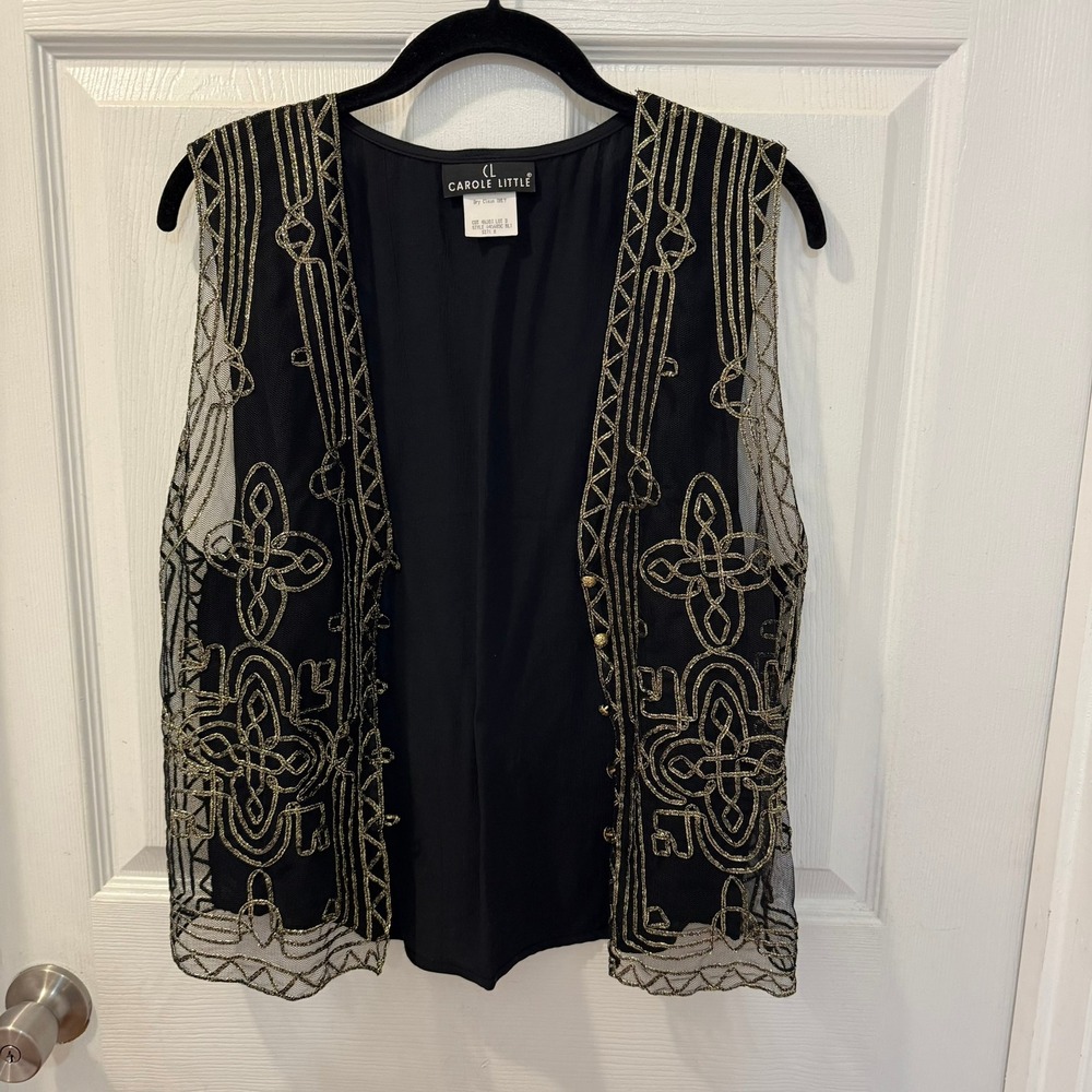 Carole Little M Vintage 90s Black Gold Metallic Mesh Sheer Embroidered Vest Boho